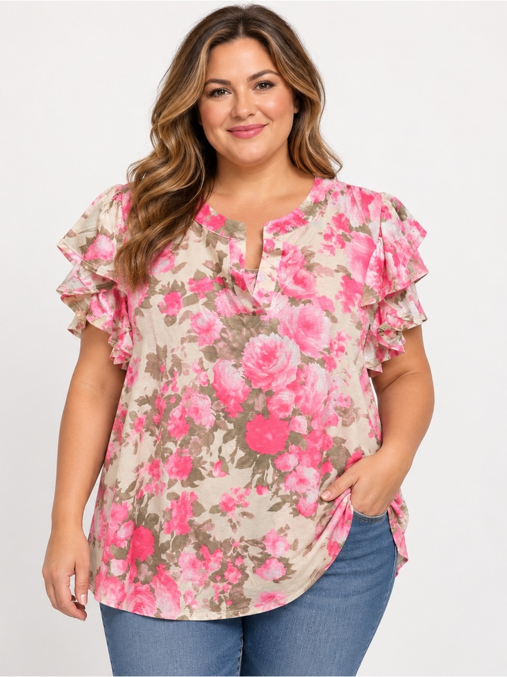 Dear Scarlett Lizzie Pink Floral Flutter Sleeve Blouse 2X NWT